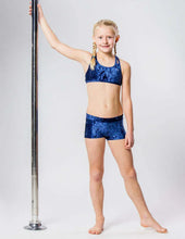 Cargar imagen en el visor de la galería, Kids - Girls' Pole Dance Shorts Elsa | Activewear | Color: blue velvet | Kids Pole Shorts | Girls Pole Dance Shorts | Dětské pole dance šortky | Madchen Pole Shorts | Pole short enfants | Dragonfly Pole Dance Clothing and Bikram Hot Yoga Wear | Dětské Obl
