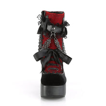 Cargar imagen en el visor de la galería, Botines Demonia CHARADE-110 Negro V. Le-Rojo-Negro Velvet-Fishnet Overlay