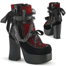 Cargar imagen en el visor de la galería, Botines Demonia CHARADE-110 Negro V. Le-Rojo-Negro Velvet-Fishnet Overlay