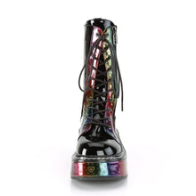 Carregar imagem no visualizador da galeria, Botas Demonia EMILY-350 Negro Pat-Rainbow Hologram w/ Hearts