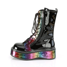 Carregar imagem no visualizador da galeria, Botas Demonia EMILY-350 Negro Pat-Rainbow Hologram w/ Hearts