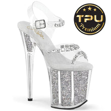 Cargar imagen en el visor de la galería, Sandalia Pole Dance Pleaser FLAMINGO-808PREM-STNG Transparente con Glitter Plata 20 cm