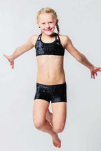 Cargar imagen en el visor de la galería, Kids - Girls' Pole Dance Shorts Elsa | Activewear | Color: black velvet | Kids Pole Shorts | Girls Pole Dance Shorts | Dětské pole dance šortky | Madchen Pole Shorts | Pole short enfants | Dragonfly Pole Dance Clothing and Bikram Hot Yoga Wear | Dětské Ob
