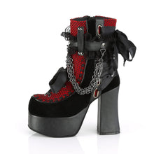 Cargar imagen en el visor de la galería, Botines Demonia CHARADE-110 Negro V. Le-Rojo-Negro Velvet-Fishnet Overlay
