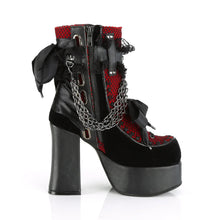 Cargar imagen en el visor de la galería, Botines Demonia CHARADE-110 Negro V. Le-Rojo-Negro Velvet-Fishnet Overlay
